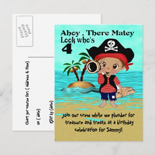 Pirate Birthday Party Invitation Uitnodiging Briefkaart (Voorkant / Achterkant)