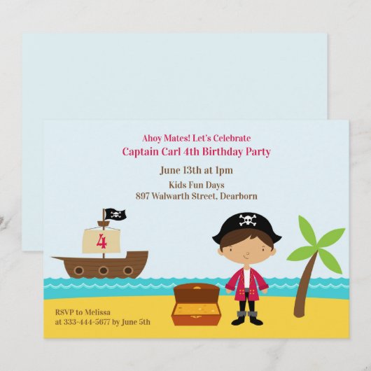 Pirate Birthday Party Kapitein Uitnodiging (Voorkant / Achterkant)