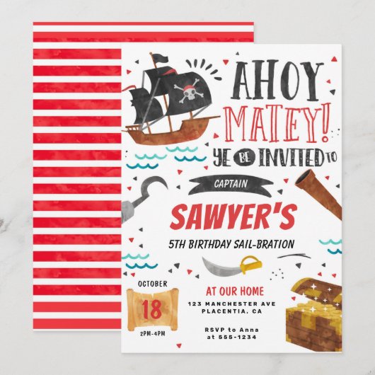 Pirate Birthday Party Kinder uitnodiging (Voorkant / Achterkant)