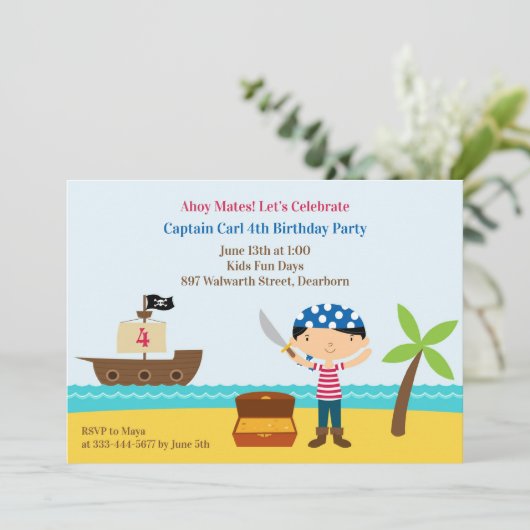 Pirate Birthday Party Platte Uitnodiging (Staand voorkant)