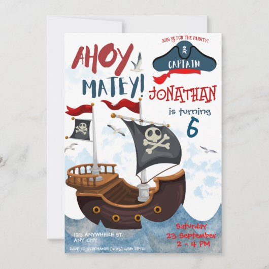 Pirate Birthday Party Waterverf Invitation Kaart (Voorkant)