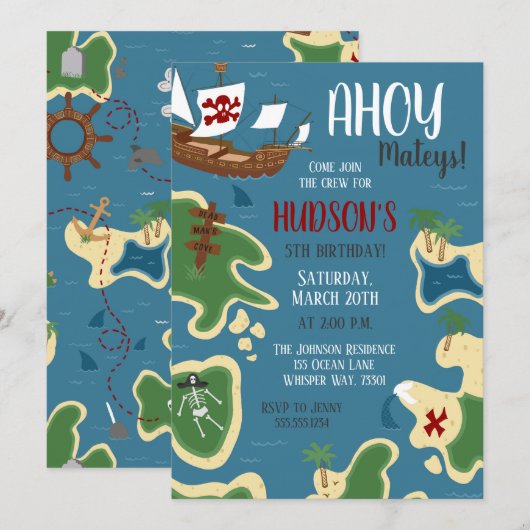 Pirate Birthday Schatkaart Blauw Kaart (Voorkant / Achterkant)