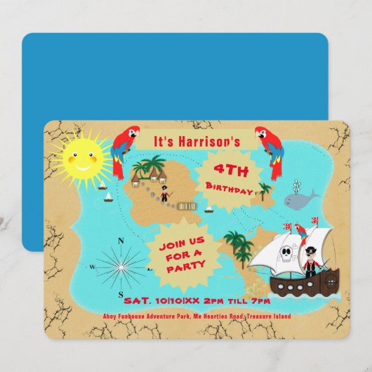 Pirate Birthday Treasure Map Ship Cute Invitation Kaart (Voorkant / Achterkant)