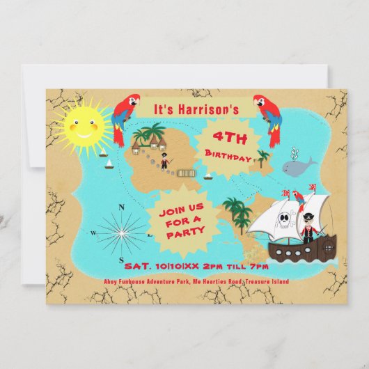 Pirate Birthday Treasure Map Ship Cute  Kaart (Voorkant)