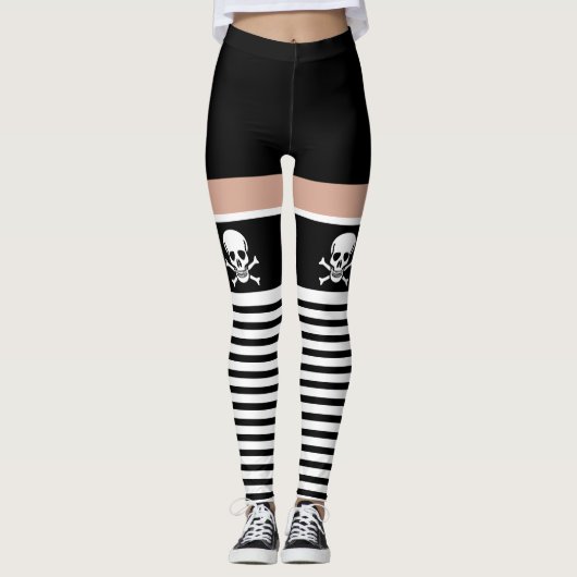Pirate Black White Skull Crossbones Novelty Fun Leggings (Voorkant)
