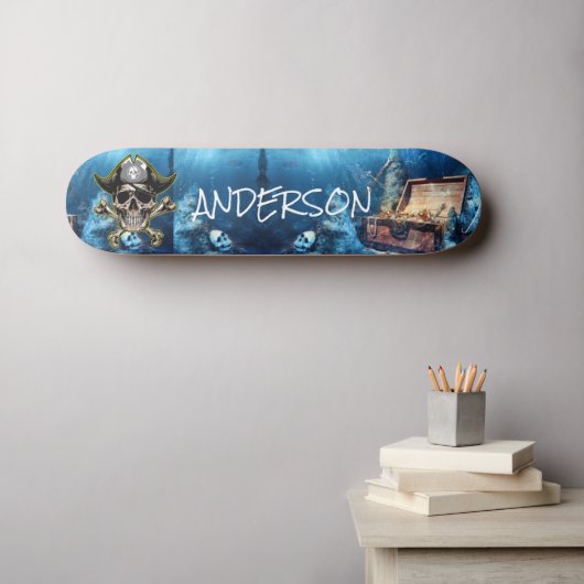 Pirate Blue Skull & Cross Swords Personalized Sk Persoonlijk Skateboard (Muurkunst (Horizontaal))