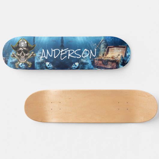 Pirate Blue Skull & Cross Swords Personalized Sk Persoonlijk Skateboard (Horizontaal)