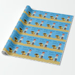 Pirate Boy Beach Summer Custom Kids Birthday Blue Cadeaupapier<br><div class="desc">Cute pirate kind wrapping paper met een rode banaan met een zwaard naast een schatkist gevuld met goud op een strand met een blauwe achtergrond. Pas de cadeauomslag van dit unieke kleine jongetje aan met de naam van je kind in het blauw. Ahoy,  Matey.</div>
