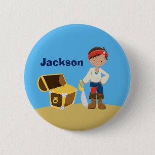 Pirate Boy Beach Summer Cute Kinderen Monogram Blu Ronde Button 5,7 Cm