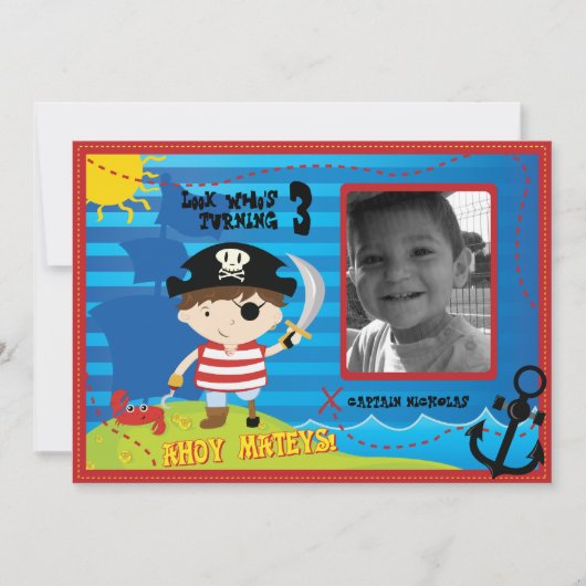 Pirate Boy Birthday Party Invitation, Ahoy Mateys! Kaart (Voorkant)