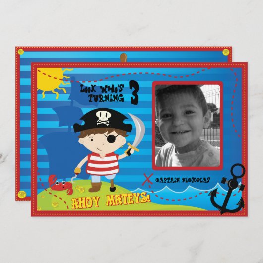 Pirate Boy Birthday Party Invitation, Ahoy Mateys! Kaart (Voorkant / Achterkant)