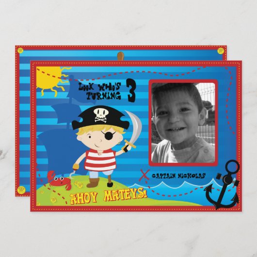 Pirate Boy Birthday Party Invitation, Ahoy Mateys! Kaart (Voorkant / Achterkant)