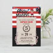 Pirate Boy Nautical Red Stripes Birthday Party Kaart (Staand voorkant)