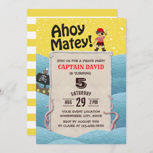 Pirate Boy Octopus Ahoy Matey Birthday Party Kaart (Voorkant / Achterkant)