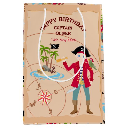 Pirate Boy Schatkaart Leuk Verjaardagsfeest Medium Cadeauzakje (Voorkant)