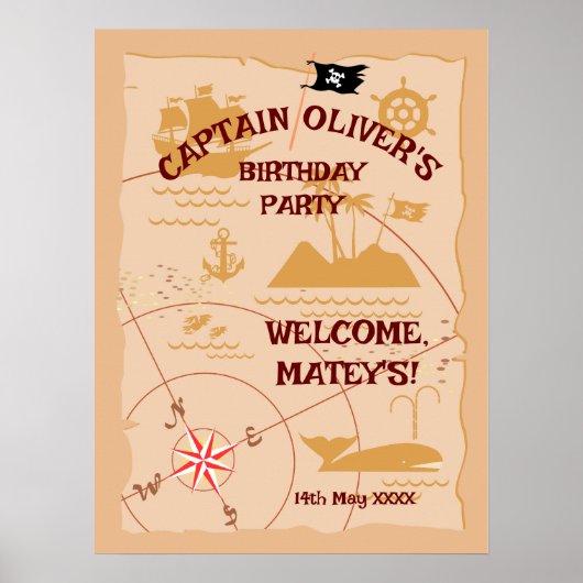 Pirate Boy Schatkaart Leuk Verjaardagsfeest Poster (Voorkant)