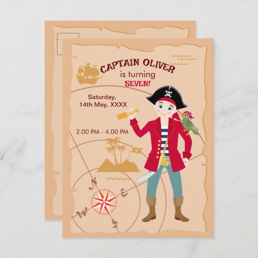 Pirate Boy Schatkaart Leuk Verjaardagsfeest Uitnodiging Briefkaart (Voorkant / Achterkant)