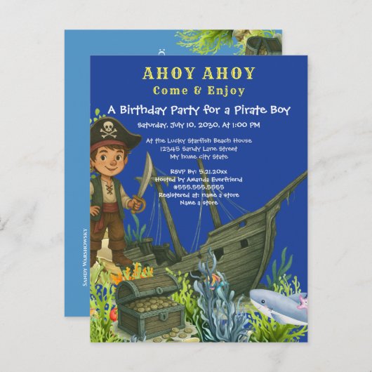 Pirate Boy Tropische vis onder het zee Verjaardag Uitnodiging Briefkaart (Voorkant / Achterkant)