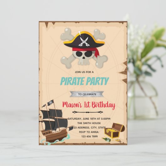 Pirate boy verjaardagsdouche uitnodiging (Staand voorkant)