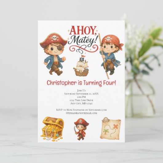 Pirate Boys 4th Birthday Schattige Trendy Kaart (Staand voorkant)