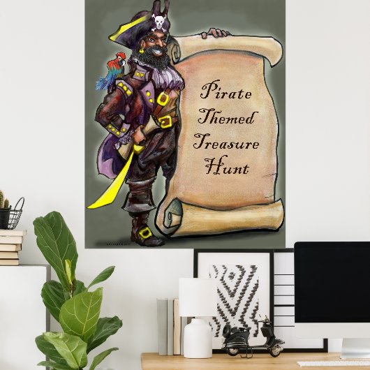 Pirate Captain met Treasure Hunt Scroll Poster (Thuiskantoor)