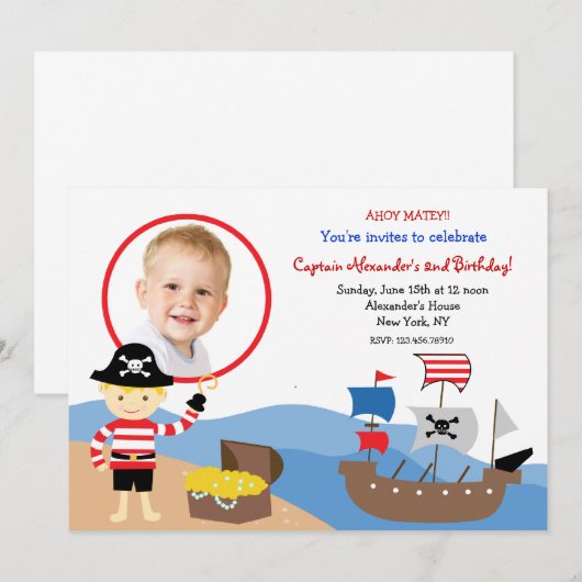 Pirate Captain Photo Birthday Party Invitations Kaart (Voorkant / Achterkant)