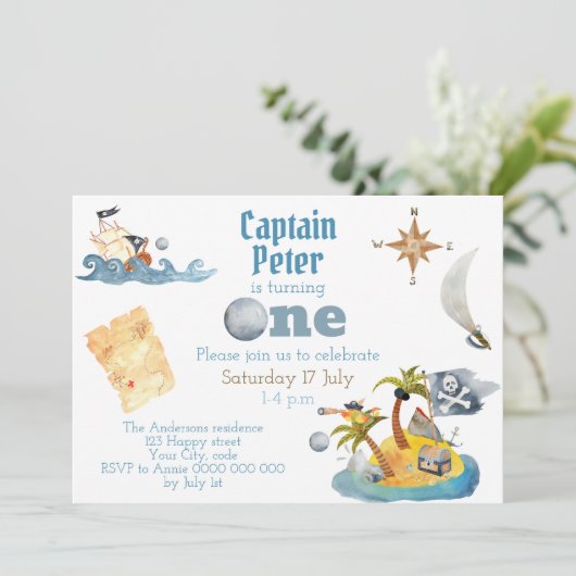 Pirate Captain Schattige Eerste Verjaardag Kaart (Staand voorkant)