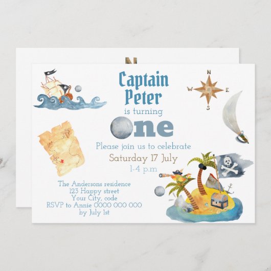 Pirate Captain Schattige Eerste Verjaardag Kaart (Voorkant / Achterkant)