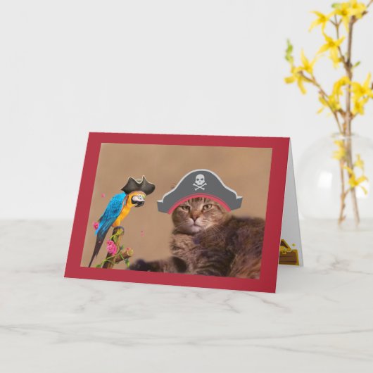 Pirate Cat and Parrot Birthday Kaart (Gele Bloem)