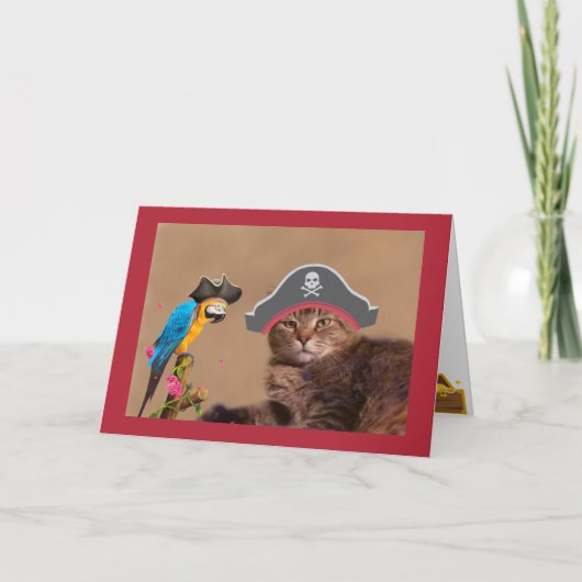 Pirate Cat and Parrot Birthday Kaart (Voorkant)