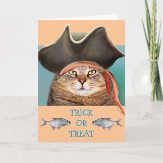 Pirate Cat en Fish Halloween Kaart (Voorkant)