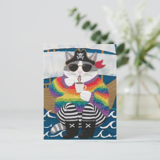 Pirate cat regenboog pluizige trui met een koffie briefkaart (Staand voorkant)