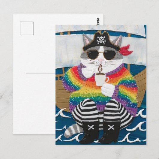 Pirate cat regenboog pluizige trui met een koffie briefkaart (Voorkant / Achterkant)