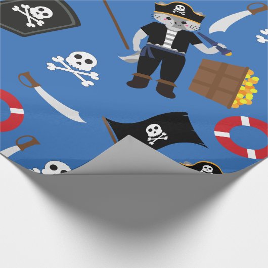 Pirate Cat Skull Crossbones Blauw Cadeaupapier (Hoek)