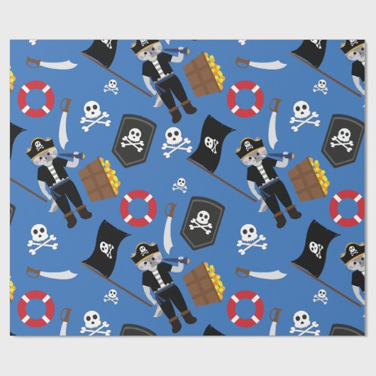 Pirate Cat Skull Crossbones Blauw Cadeaupapier (Vlak)