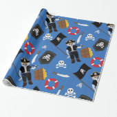 Pirate Cat Skull Crossbones Blauw Cadeaupapier (Uitgerold)