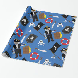 Pirate Cat Skull Crossbones Blauw Cadeaupapier