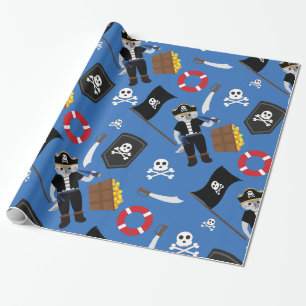 Pirate Cat Skull Crossbones Blauw Cadeaupapier