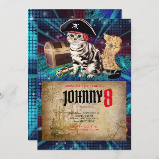 Pirate Cat verjaardagsuitnodiging Kaart (Voorkant / Achterkant)