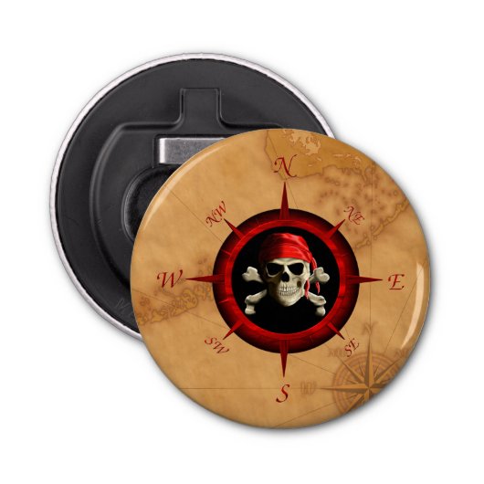 Pirate Compass-Roos en -kaart Button Flesopener (Voorkant)