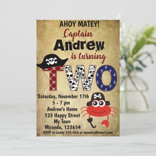 Pirate crab verjaardagsuitnodigingen, Pirate Théta Kaart (Staand voorkant)