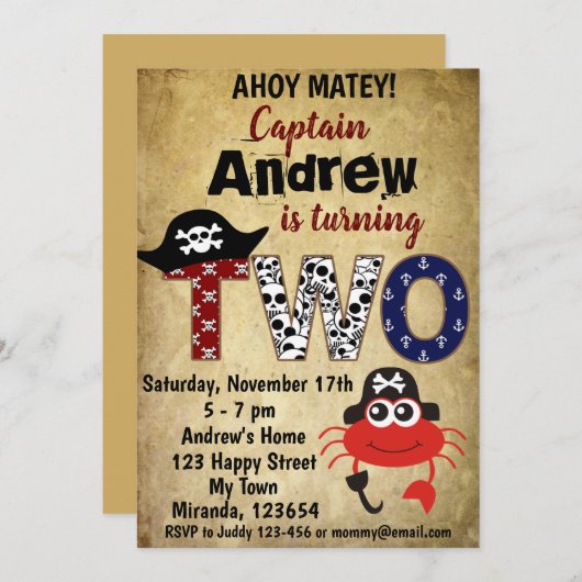 Pirate crab verjaardagsuitnodigingen, Pirate Théta Kaart (Voorkant / Achterkant)