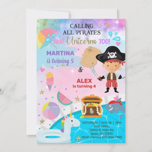Pirate en Eenhoorn broers en zussen verjaardagsuit Kaart (Voorkant)