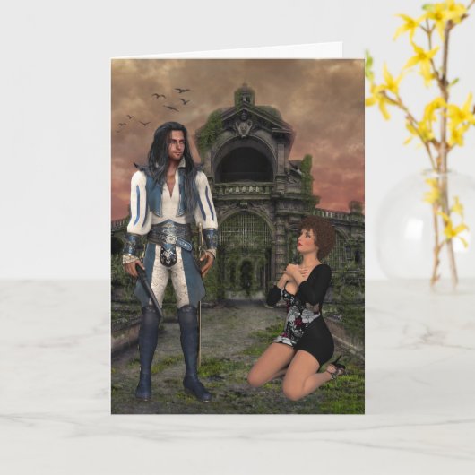 Pirate en Kneeling vrouw Fantasy Wenskaarten Kaart (Gele Bloem)