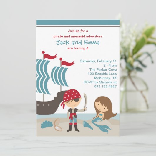 Pirate en Mermaid Invitation Kaart (Staand voorkant)