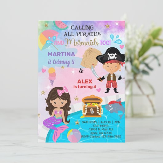Pirate en Mermaid siblings verjaardagsuitnodiging. Kaart (Staand voorkant)