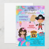 Pirate en Mermaid siblings verjaardagsuitnodiging. Kaart (Voorkant / Achterkant)