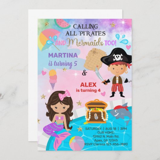 Pirate en Mermaid siblings verjaardagsuitnodiging. Kaart (Voorkant / Achterkant)