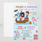 Pirate en Mermaid siblings verjaardagsuitnodiging. Kaart (Voorkant / Achterkant)