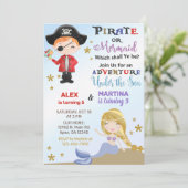 Pirate en Mermaid siblings verjaardagsuitnodiging. Kaart (Staand voorkant)